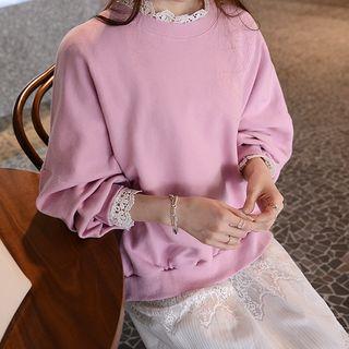 Lace-detail Balloon-sleeve Colored Sweatshirt