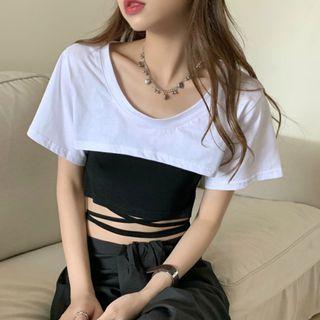 Asymmetrical Lace-ups Camisole Top + Plain T-shirt / Plain Ruched Midi Skirt