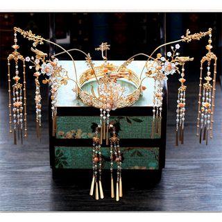 Wedding Set: Faux Pearl Faux Crystal Fringed Tiara + Fringed Earring Set - As Shown In Figure - 1 Pair Clip On Earrings - One Size