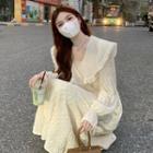 Bell-sleeve Collar Midi A-line Dress Beige - One Size