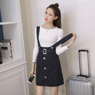 Set: Scallop Trim Long-sleeve Knit Top + Striped Suspender Skirt