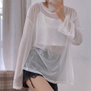 Long-sleeve Tie-waist Sheer T-shirt