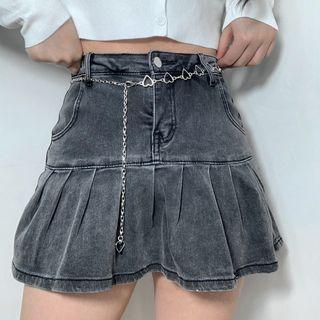 Denim Mini A-line Skirt / Heart Chain Belt