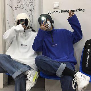 Couple Matching Letter Embroidered Half Zip Pullover