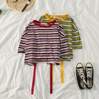 Slit-back Ribbon-accent Striped Cropped Top