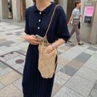 Cable-knit Slit Polo Collar Dress Navy Blue - One Size