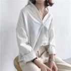 Stand-collar Long-sleeved Loose-fit Traight Striped Cotton Open-front Blouse