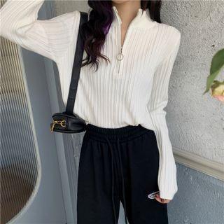 Long-sleeve Mock-neck Slim-fit Ribbed Top