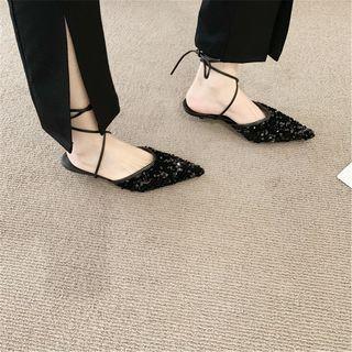 Pointed Sequin Tie-ankle Mules