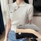 Short-sleeve Collar Rhinestone Knit Top