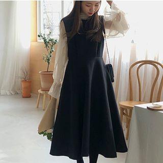 Sheer Blouse / Midi A-line Pinafore Dress