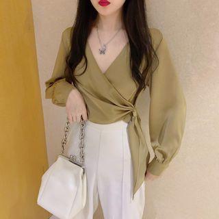Lantern-sleeve Tie Waist V-neck Plain Blouse