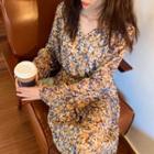 Tie-waist V-neck Floral Print Long-sleeve Dress Coffee - One Size
