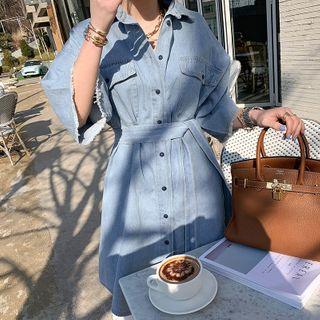 Wide-sleeve Denim Shirtdress & Sash Light Blue - One Size