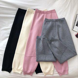 Plain High-waist Knit Cropped Pants