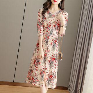 Elbow Sleeve V-neck Floral Print Midi Dress