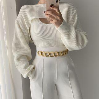 Long-sleeve Plain Knit Shrug Top / Plain Ribbed Knit Tank Top