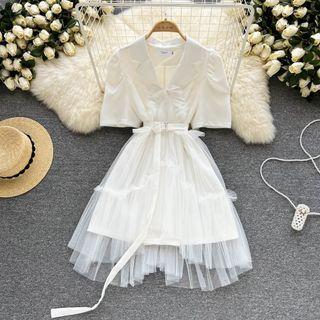 Elbow-sleeve Mesh Overlay Mini A-line Blazer Dress
