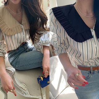 Pleated-collar Stripe Blouse