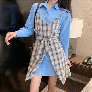 Set: Shirt Dress + Spaghetti Strap Plaid Dress Set - Blue & Almond - One Size