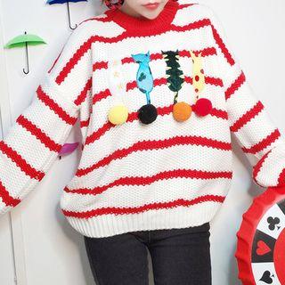 Cat Applique Striped Boxy Sweater