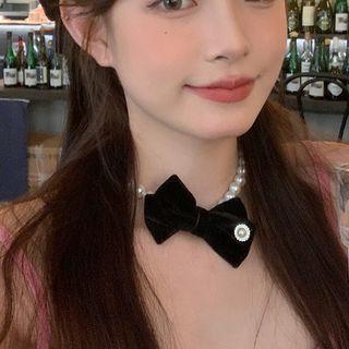 Bow Faux Pearl Choker Necklace - Faux Pearlbow - Black - One Size