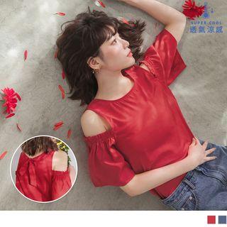 Bow-accent Cutout Shoulder Short-sleeve Chiffon Top