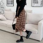 High-waist Plaid A-line Midi Skirt Coffee - One Size