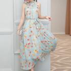 Frill Trim Floral Print Sleeveless Chiffon Dress