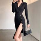 Long-sleeve Buttoned Side A-line Dress