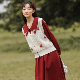 Set: Midi A-line Shirtdress + Fruit-accent Button Sweater Vest
