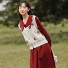 Set: Midi A-line Shirtdress + Fruit-accent Button Sweater Vest