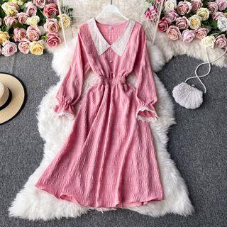 Lace-collar Long-sleeve Midi Dress