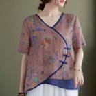 Elbow-sleeve Frog-button Floral Print Linen Top