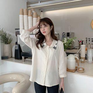 Flower-embroidered Collar 3/4-sleeve Blouse Light Beige - One Size