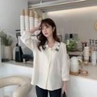 Flower-embroidered Collar 3/4-sleeve Blouse Light Beige - One Size