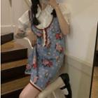 Puff-sleeve Blouse / Floral Mini Overall Dress