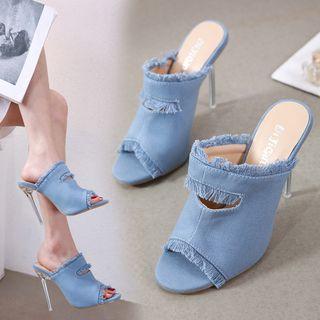 Fringed Denim High-heel Slide Sandals