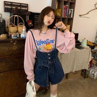 Long-sleeve Printed T-shirt + Denim Jumpsuit