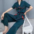 Short-sleeve Tie-front Shirt Jumpsuit