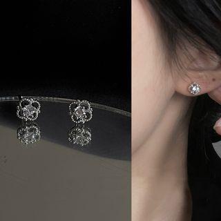 Flower Rhinestone Sterling Silver Earring 1 Pair - 2225a - Rhinestone Flower - Silver Pin - Silver - One Size