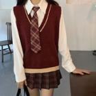 Long-sleeve Plain Shirt / Sweater Vest / Plaid Pleated Mini A-line Skirt
