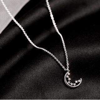 925 Sterling Silver Rhinestone Moon & Star Pendant Necklace 1 Pc - 925 Sterling Silver Rhinestone Moon & Star Pendant Necklace - One Size
