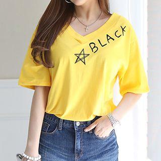 V-neck Elbow-sleeve Star Print T-shirt