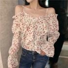 Heart Print Off-shoulder Long-sleeve Top As Shown In Figure - One Size