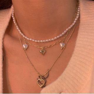 Beaded Heart Pendant Layered Necklace White & Gold - One Size