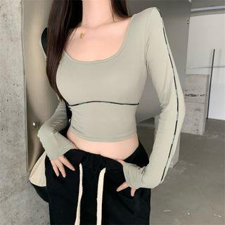 Long-sleeve Plain T-shirt Grayish Green - One Size