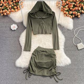 Set: Long Sleeve Hooded Top + Drawstring Skirt