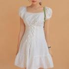Balloon-sleeve Lace Trim A-line Eyelet Lace Dress White - One Size
