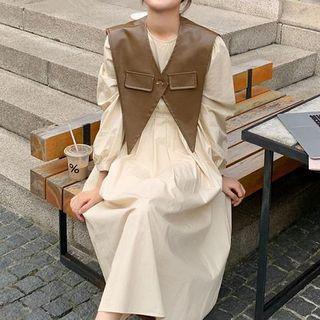 Puff-sleeve Faux Leather Collar Midi A-line Dress